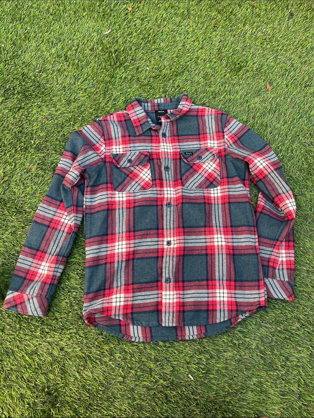 RVCA Red Black Gray Plaid Long-Sleeve Button Down Shirt